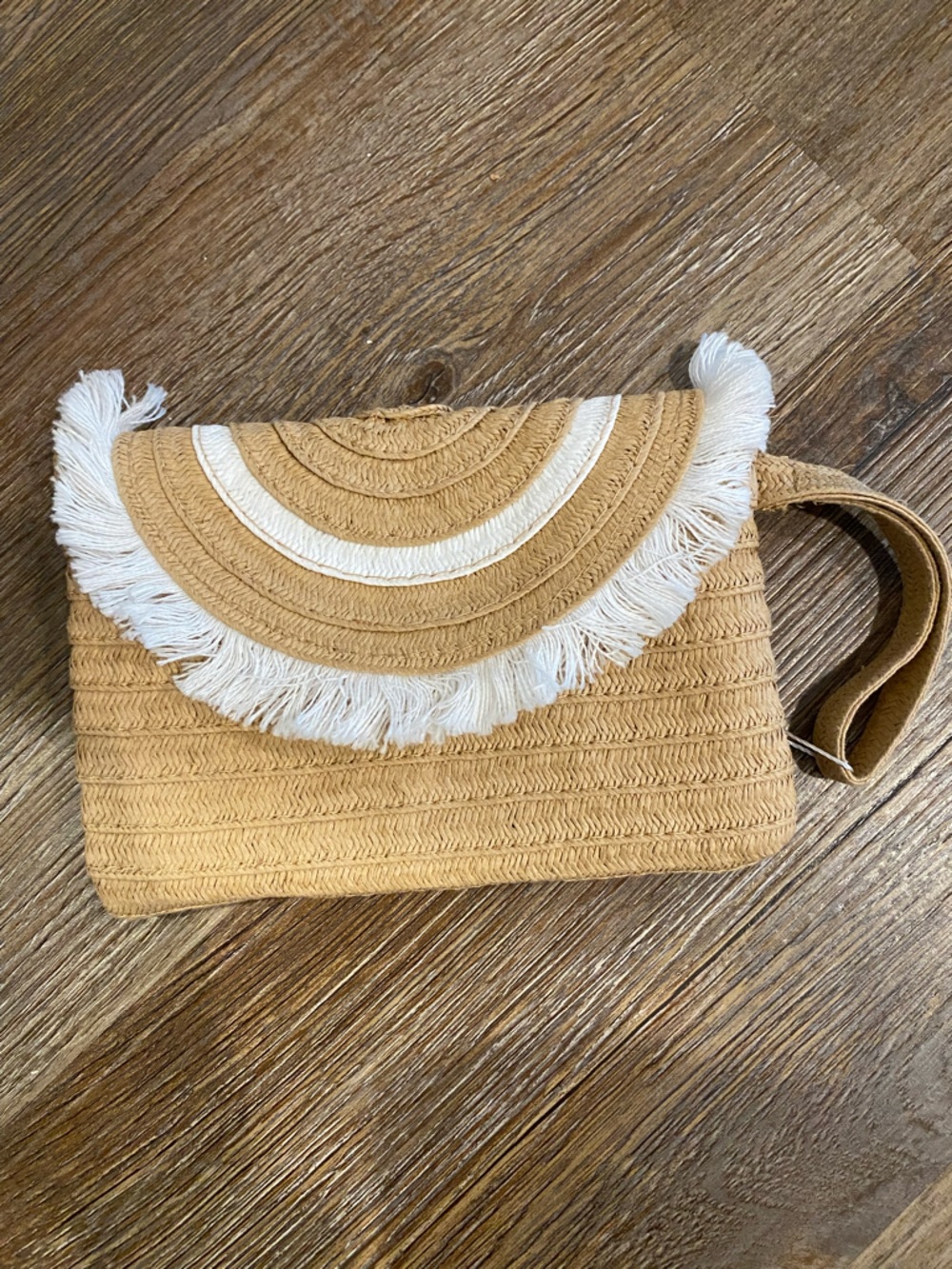 Woven Straw Fringe Clutch Bag - Tan & White